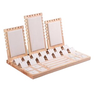 Solid Wood Jewelry Display Rack Beige Velvet Partitioned Desktop Organizer For <b>Necklace</b> <b>Ring</b> Earring Storage Creative Style - Product Image 2