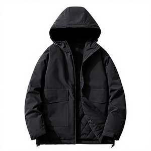 Men's Black Hooded Jacket Zipper Closure Windproof Casual <b>Winter</b> Coat Loose Fit Polyester Wadding Regular Length - Product Image 1