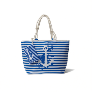 Sac de plage à rayures imprimées numériquement avec ancre, 57x37x17cm, avec petite sangle, pour femme, usage estival - Product Image 1
