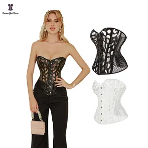 Front 6 Busk Closure Black White Leather Korset Women Translucent Corset Lingerie Mesh Bodysuit Shapewear Plus Size Xs-xxxxxxL