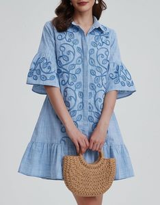 Vestido Camisero <span class=keywords><strong>de</strong></span> Mezclilla Vintage para Mujer, Lavable, con Botones, Mangas con Volantes Bordados, Corte en A, Mini Vestido <span class=keywords><strong>de</strong></span> Verano con Bolsillos, Estilo Casual - Product Image 5