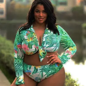 S-5XL Plus Size Badpak Tweedelige Vrouwen Leaf Bloemen Gedrukt Monokini Hoge Taille Badpak Beach Wear Bikini