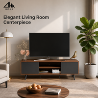 Meuble TV Minimaliste Moderne avec Finition Grain de Bois et Portes Grises, Console Multimédia Style Mid-Century pour Décoration de Salon