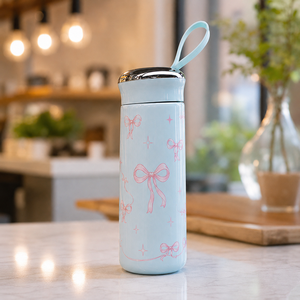 Personalized Cute Bow Print Glass Tumbler Eco-Friendly Portable Drinking <b>Bottle</b> with Loop Lid for Daily Use Promotional Gifts - Product Image 2