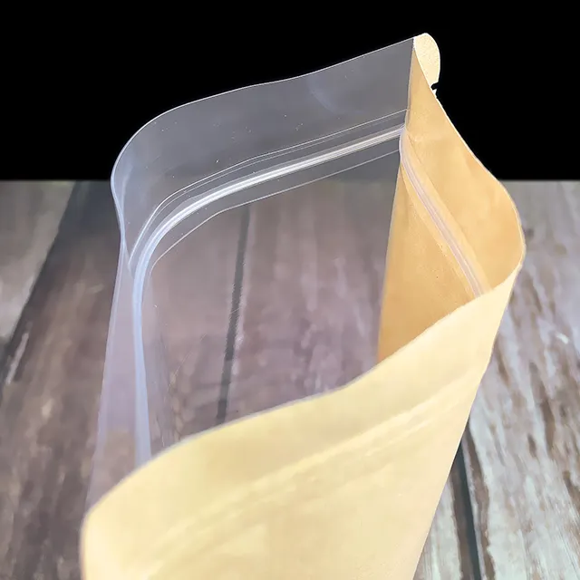 Grosir satu sisi transparan kertas Kraft berdiri kantong teh kopi kantong Zip Lock kemasan makanan kantong ritsleting plastik dengan jendela