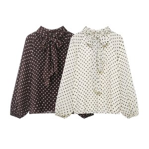 ZEVITY Camicetta da donna in chiffon a pois con fiocco alla moda, colletto alla coreana, maniche lunghe, dolce ed elegante, per le vacanze - Product Image 1