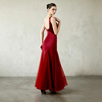 Robe longue en satin bordeaux pour femme, avec superposition en tulle, ourlet sirène, col carré, élégante, pour soirée formelle