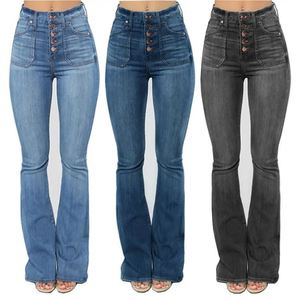 Jeans de Mujer Ajustados con Bolsillos de Parche y Botones, Estilo Desgastado, Corte Bootcut, Cintura Media, Ligeros para Verano, Modelo J0180, Gran Venta - Product Image 1
