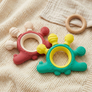 Anneaux de dentition ronds en <span class=keywords><strong>silicone</strong></span> sans BPA, jouets souples en bois pour bébés, pour l'entraînement sensoriel et l'apprentissage précoce, 6-12 mois - Product Image 4
