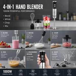 <span class=keywords><strong>Mixeur</strong></span> Plongeant Manuel 1000W, Ensemble 4-en-1 Commercial, Vitesse Variable Continue, Fouet et Hachoir en Acier Inoxydable, Certifié VDE - Product Image 6