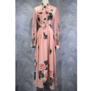 Noeud papillon élégant robe longue 2025 été bohème plage dame doux fleuri vert feuilles imprimer à manches longues rose <span class=keywords><strong>Maxi</strong></span> robe grande taille - Product Image 1