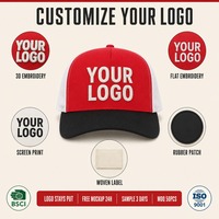 Casquette de baseball rouge personnalisée style camionneur, dos en maille blanche, visière noire, patch brodé, réglable, vente en gros, OEM, faible MOQ