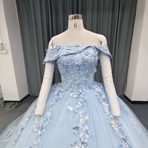 ANY249 Beautiful Blue Off Shoulder Appliqued Flower Evening Party Puffy Gowns Dress - Product Image 4