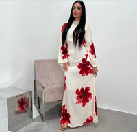 Gaun Abaya Maxi Lengan Lonceng Motif Bunga Hitam dengan Siluet A-Line yang Mengembang untuk Wanita Muslim yang Sopan, Pakaian Kasual Sehari-hari