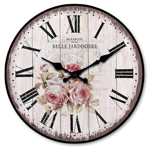 Horloge murale ronde vintage florale personnalisable « Maison Belle Jardinier » - Design rustique en bois pour la décoration de la maison, salon, chambre à coucher - Product Image 1