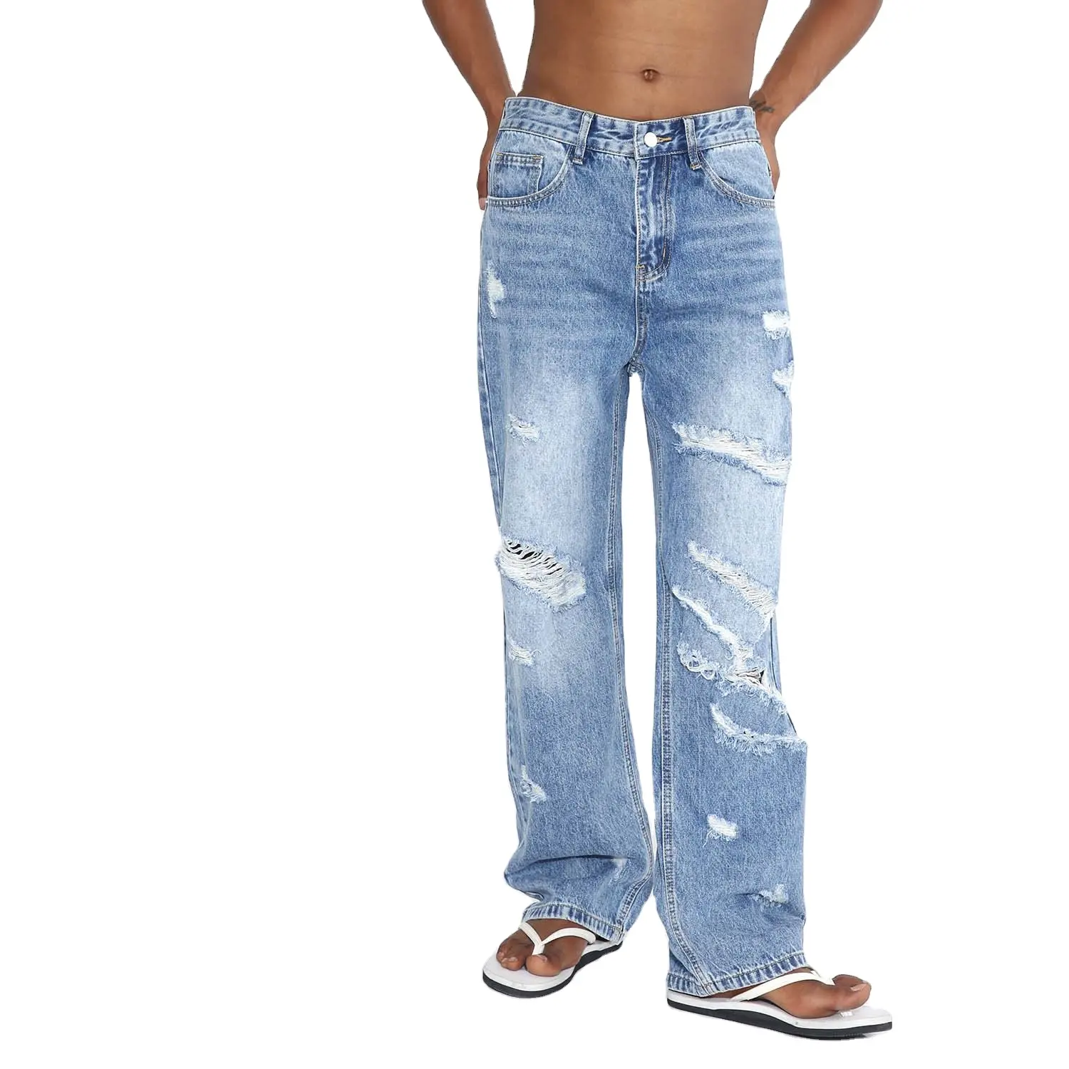 Jeans denim desainer 2024 jeans Pria robek biru muda
