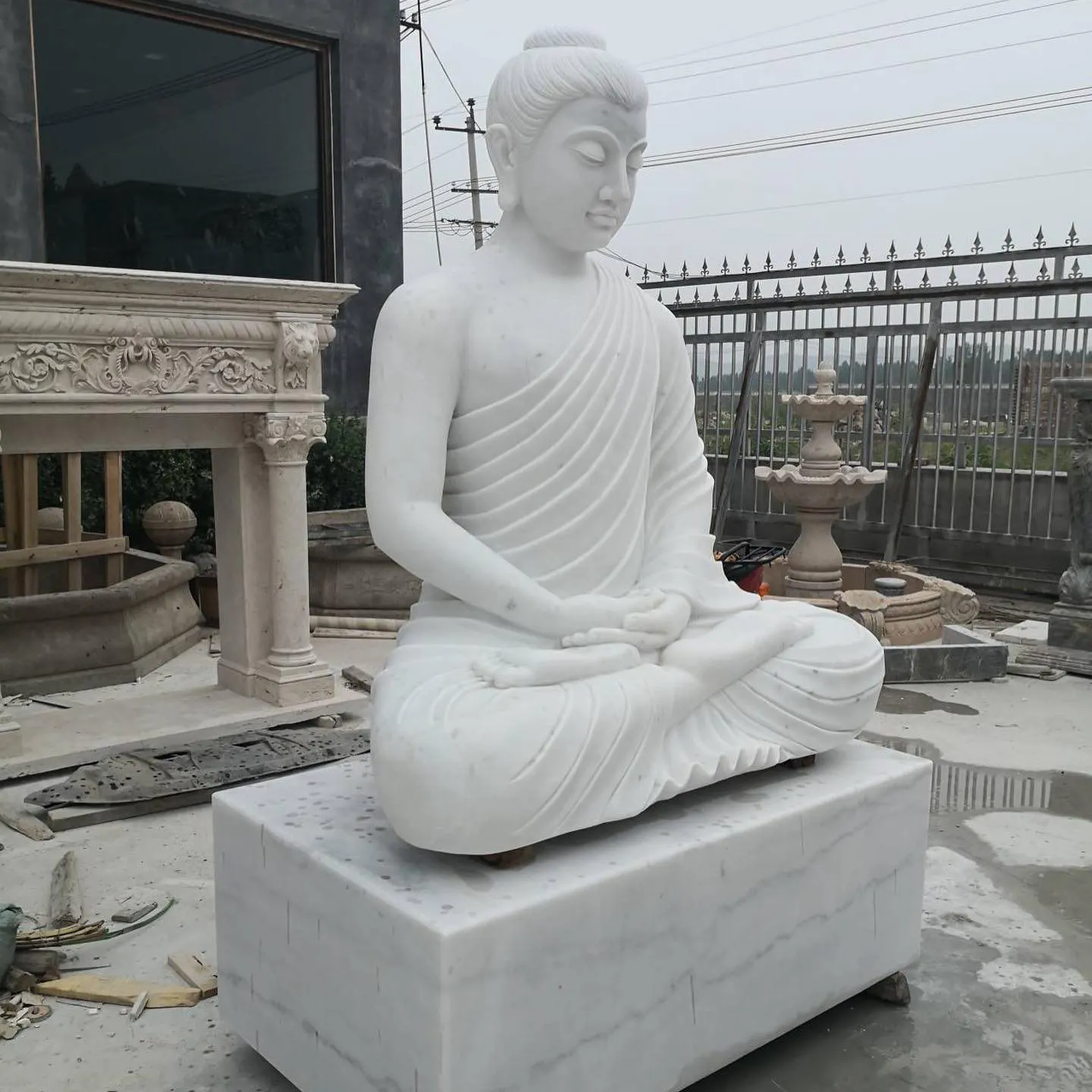 Estatua de Buda sentado en mármol, piedra blanca de gran tamaño, escultura para decoración del templo
