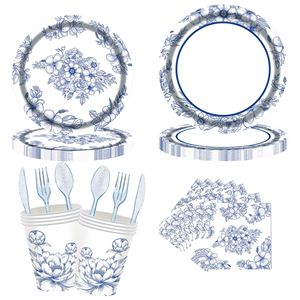 Platos de papel florales azules y blancos, redondos, desechables, para el juego de vajilla de fiesta del Año Nuevo Chino, respetuosos con el medio ambiente - Product Image 5