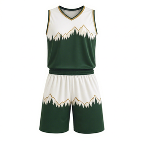 Ensemble de maillots de basket personnalisés sublimés, col en V, manches courtes, vert et blanc, anti-humidité, séchage rapide, taille élastique, 100% - Product Image 1