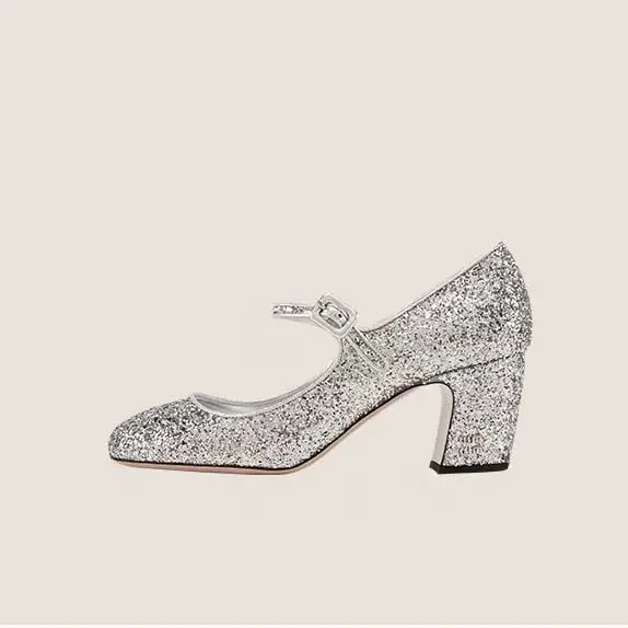 Mary Jane yüksek topuklu kadın gümüş parıltılı ayakkabı kalın topuklu 2023 yeni düğün ayakkabı gelin düğün ayakkabı blok topuk
