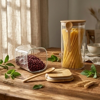 Stoples Kaca Persegi Berbagai Ukuran Dengan Tutup Bambu dan Sendok Kayu, Wadah Kedap Udara untuk Dapur, Bahan Makanan, Pasta, Rempah-rempah