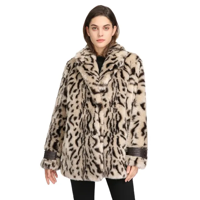 Hot sale fashion lady Winter Autumn faux fur coat leopard pattern women chic outerwear