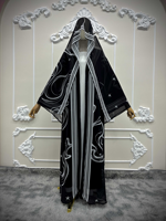 Abaya ouverte en polyester à imprimé géométrique noir et blanc élégante avec hijab, robe longue ample pour femmes, pour tous les jours, les fêtes et les occasions spéciales