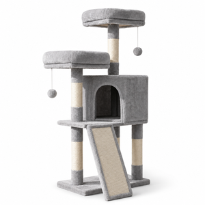 Arbre à <span class=keywords><strong>chat</strong></span> multi-niveaux en bois avec quatre poteaux à gratter en sisal, deux niches, balles suspendues, carton personnalisé pour grands chats, OEM - Product Image 1