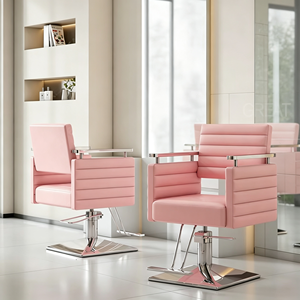 Sillón de Peluquería Moderno de Cuero Rosa, Silla de Barbería de Lujo con Base Cuadrada Ajustable para Mujeres - Product Image 1