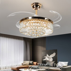 Estilo americano moderno LED Cristal Ventilador De Teto 4 Lâminas De Ferro Invisíveis Baixa Potência Home Interior Decorativo Controle Remoto Cobre ABS