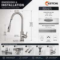 Robinet de cuisine contemporain avec douchette extractible, monocommande, col de cygne haute, finition brossée en laiton