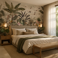 Papier peint botanique vintage tropical avec flamants roses, feuilles de palmier et oiseaux pour la décoration de salons de beauté, hôtels et restaurants