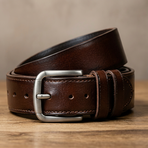Ceinture en cuir véritable marron uni avec boucle ardillon rectangulaire argentée, moulage monobloc durable pour homme, idéale pour les occasions formelles - Product Image 1