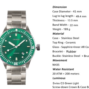 Cronos Diver – montre pour hommes, cadran Sunray, date automatique, NH35, 200M, résistant à l'eau, lunette rotative en céramique, L6011M - Product Image 2