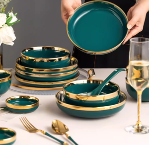 Tùy Chỉnh Nhà Hàng Độc Đáo Khách Sạn Châu Âu Bán Buôn Màu Ngọc Lục Bảo Đặt Bữa Ăn Tối 26 Pcs Gốm Sứ Tấm Đồ Ăn Với Vàng Rim - Product Image 5