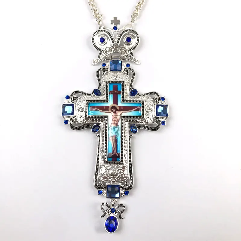 Orthodox Silver Plated Jesus Crucifix icon Blue Diamond Bishop Church Pectoral Cross Necklace of Spiritual Gift