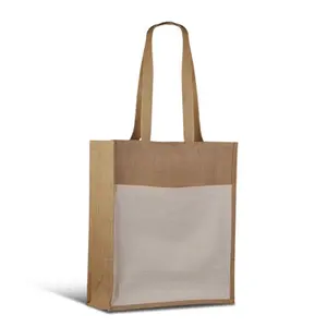 Borsa shopper in iuta con tasca, merchandising sostenibile - Product Image 1
