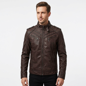 Veste de moto en cuir véritable marron pour homme, coupe-vent, hiver, col montant, fermeture éclair, coupe ajustée, longueur normale, veste unie - Product Image 1