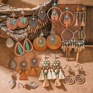 Bohemian Wooden <b>Drop</b> Earrings Antique <b>Bronze</b> Plated Feather Pattern Women's Party Fashion Jewelry 2025 - Product Image 1