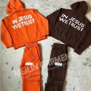 OEM Custom Design Logo Flared Sweatpants Tracksuit Two Piece Knitted Mohair Sweatsuits Unisex Set High Quality Mohair Set - Product Image 1