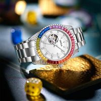 Montre automatique mécanique pour homme, style luxe, avec cadran ouvert, lunette en cristal arc-en-ciel et bracelet en acier