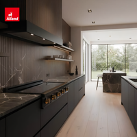 Meubles de cuisine contemporains de style ouvert, en placage de bois cannelé foncé, panneaux mats noirs avec quincaillerie dorée