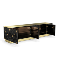 Meuble TV avant-gardiste en aluminium anodisé noir et finition or, étagère en verre bronze, meuble de rangement TV pour villa, maison, salon