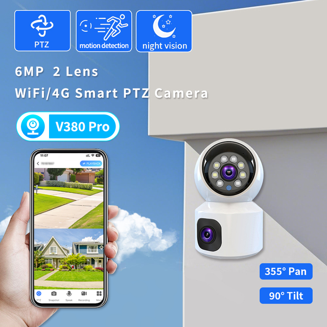 V380 CCTV Camera Home Security 4G SIM Card AI Humanoid Tracking 6MP Two-way Audio CMOS Smart Rotating Dual Lens Dual Screen