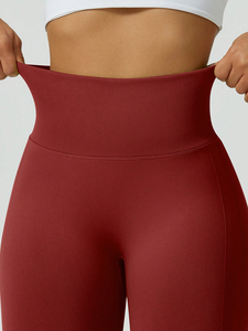 High Waist Red Yoga <b>Leggings</b> Full Length Seamless Side Stripe Contrast <b>Stitch</b> Four-Way Stretch Pants - Product Image 6