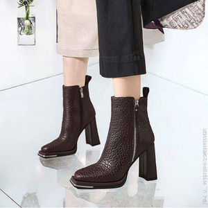 Elegant Platform <b>Short</b> Ankle <b>Boots</b> Women Autumn Winter Solid Real Leather Fashion Square Toe High <b>Heels</b> Sizes 41 - Product Image 3