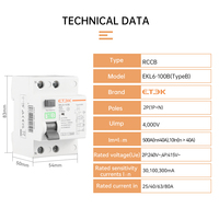 ETEK Type B RCD 220-240V Disjoncteurs de fuite à la terre ELCB Courant résiduel RCCB EV Chargeur 2P 40A/63A/100A 30mA Li EKL6-100B