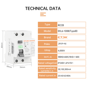 ETEKタイプB RCD 220-240V地球漏れ回路ブレーカELCB残留電流<span class=keywords><strong>RCCB</strong></span> EV充電器2P <span class=keywords><strong>40A</strong></span>/63A/100A 30mA Li EKL6-100B - Product Image 4