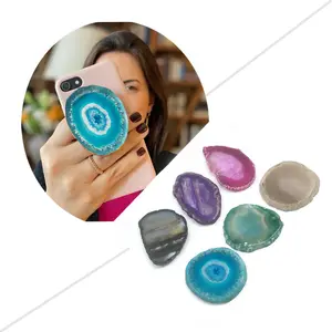 wholesale natural irregular agate gem stone crystal silicone finger desktop mount flexible universal cell phone grip holder