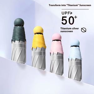 Titanium Silver Dual-Use Women's Folding Umbrella Sun Rain Protection Travel Modern Design 8Ribs <b>Pocket</b> Parasol Fully Shading - Product Image 2